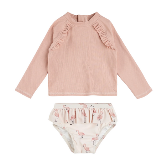 Ribbed Long-Sleeve Rose Quartz & Flamingos Set