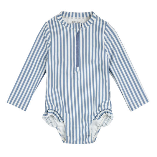 Blue Striped Long-Sleeve One-Piece Swimsuit