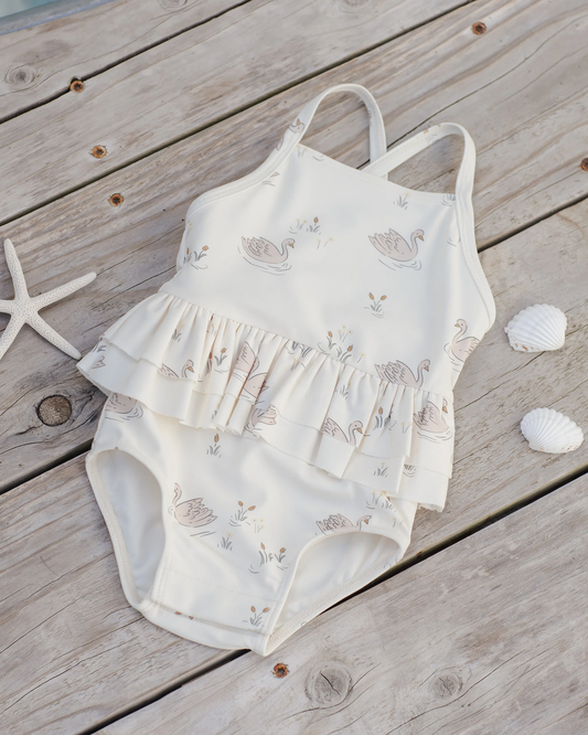 Ruffled One-Piece Swimsuit Swans