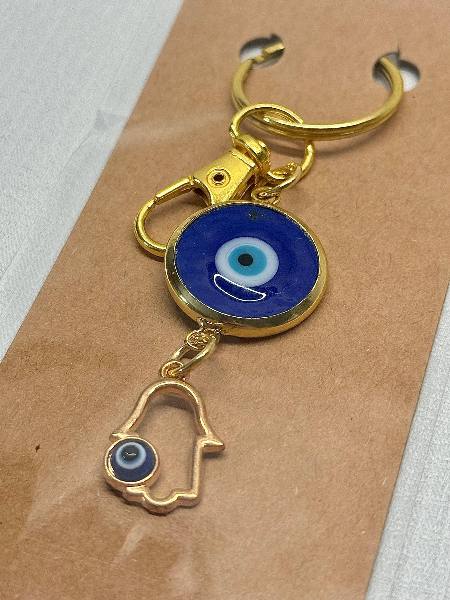 Glass Evil Eye Gold Hamsa Keychain  | JUDAICA